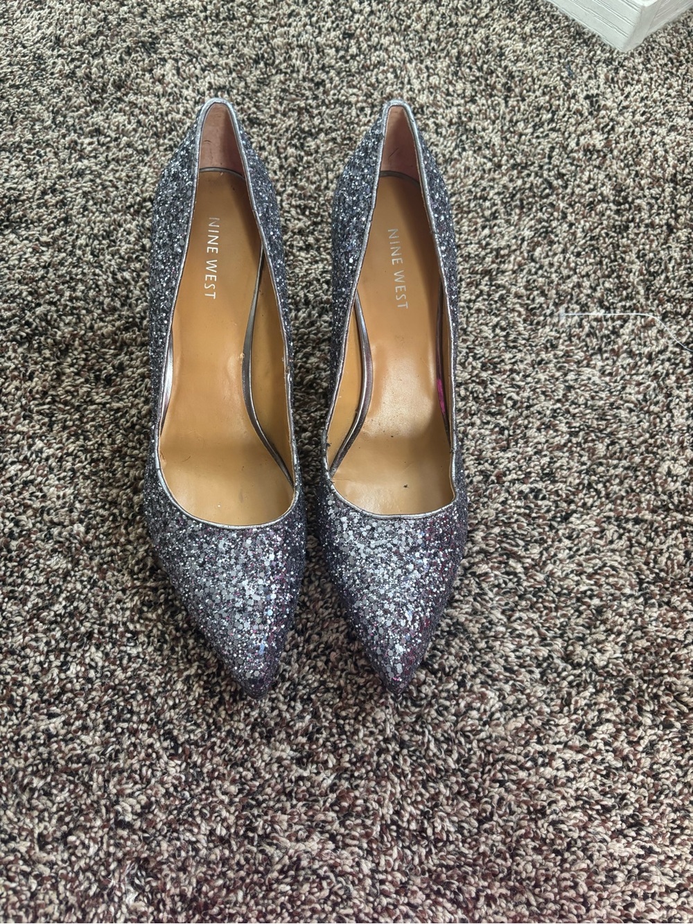 Nine West Silver Glitter Pointed Toe Heels